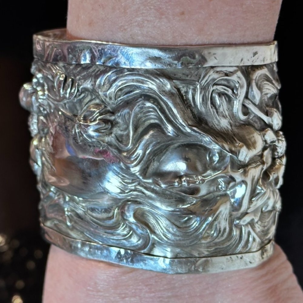 Art Nouveau Sterling Silver 925 Cuff Bracelet Lady Face Floral Alphonse Mucha - Picture 5 of 9